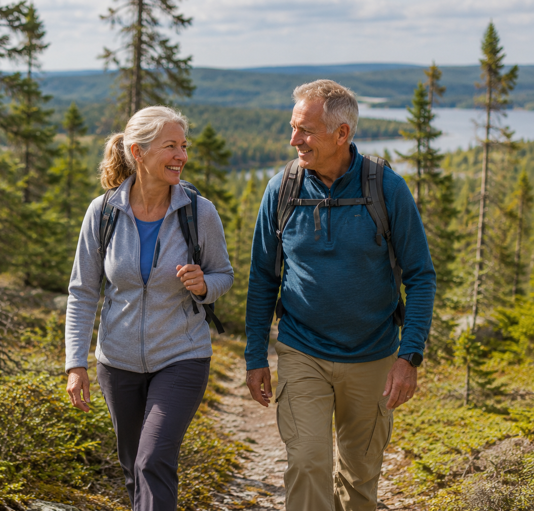 An active older couple hiking a forest trail in Northeastern Ontario